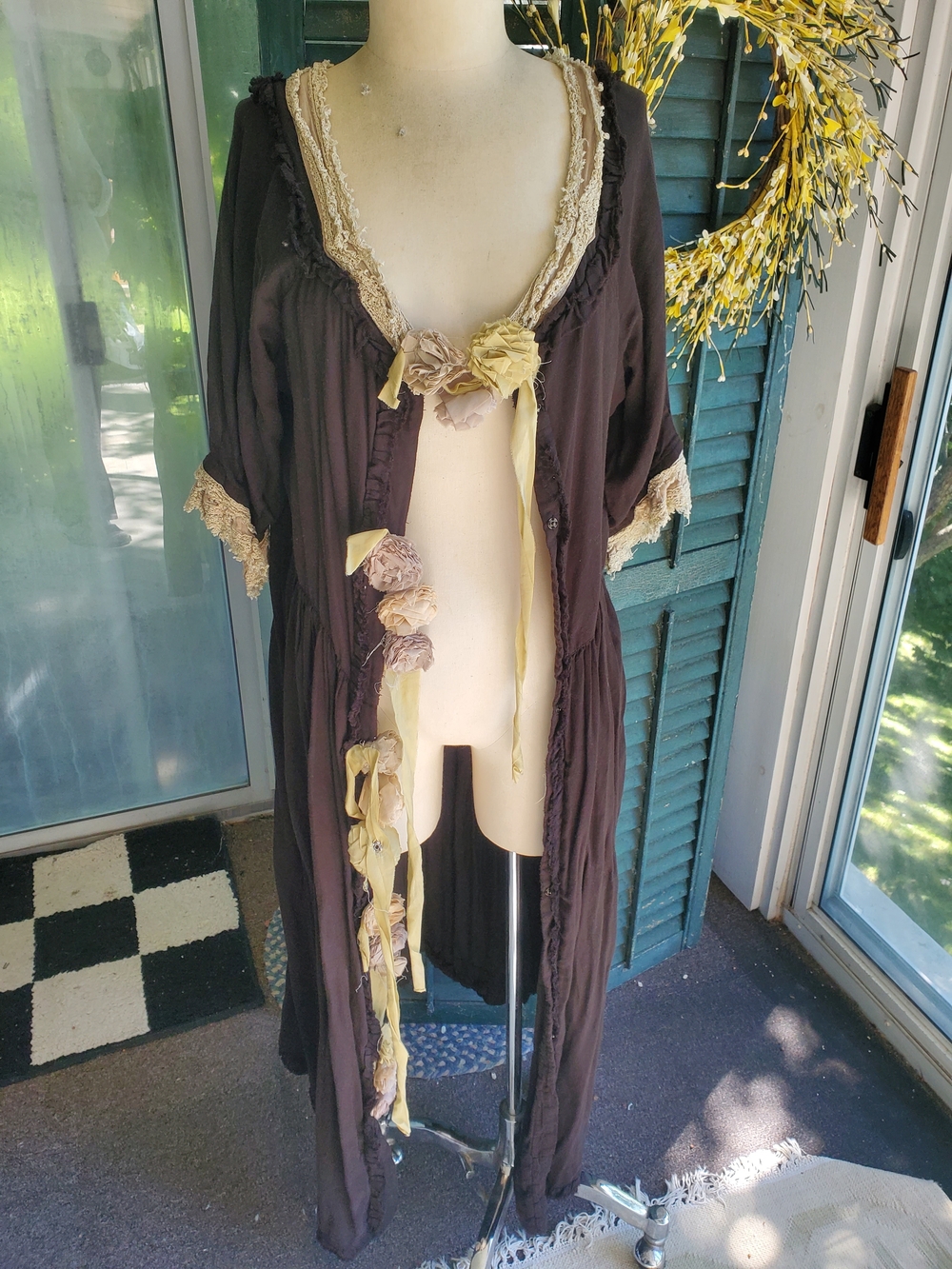 Magnolia Pearl Long Black Robe with Cream Lace & Floral Ribbon Accents